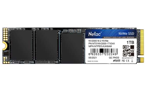 Твердотельный накопитель Netac NV2000 PCIe 3 x4 M.2 2280 NVMe 3D NAND SSD 1TB, R/W up to 2500/2100MB/s